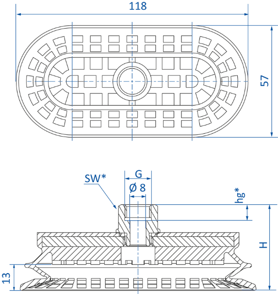 Овальная вакуумная присоска FIPA серии SM-OB 138.115x55.036.1 чертеж